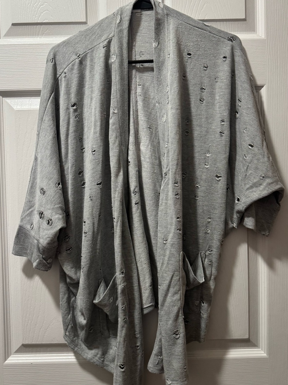 Cherish Distressed Open-Front Gray Draped Cardigan
